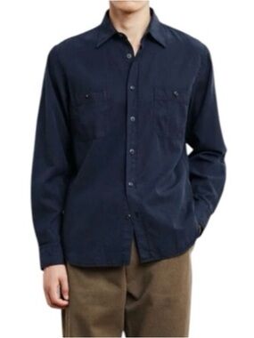 Hartford Two Pocket Pat Shirt Navy Blue Tercel Cotton Linen Large NWT